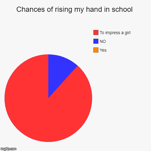Chances of rising my hand in school | Yes, NO, To impress a girl | image tagged in funny,pie charts | made w/ Imgflip chart maker
