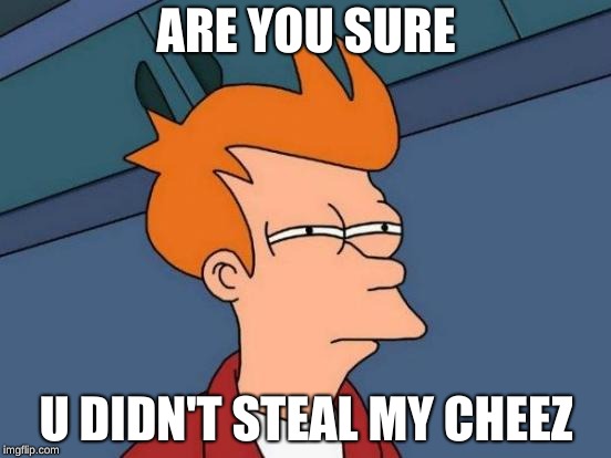 Futurama Fry | ARE YOU SURE; U DIDN'T STEAL MY CHEEZ | image tagged in memes,futurama fry | made w/ Imgflip meme maker