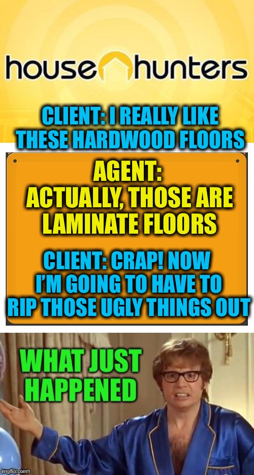 Yes, I HAVE heard this said  | CLIENT: I REALLY LIKE THESE HARDWOOD FLOORS; AGENT: ACTUALLY, THOSE ARE LAMINATE FLOORS; CLIENT: CRAP! NOW I’M GOING TO HAVE TO RIP THOSE UGLY THINGS OUT | image tagged in house hunting,idiots | made w/ Imgflip meme maker