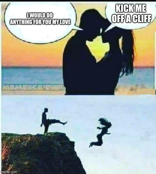 She asked for it | I WOULD DO ANYTHING FOR YOU MY LOVE; KICK ME OFF A CLIFF | image tagged in i would do anything for you,fun,memes | made w/ Imgflip meme maker