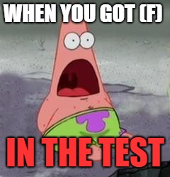 Suprised Patrick | WHEN YOU GOT (F); IN THE TEST | image tagged in suprised patrick | made w/ Imgflip meme maker