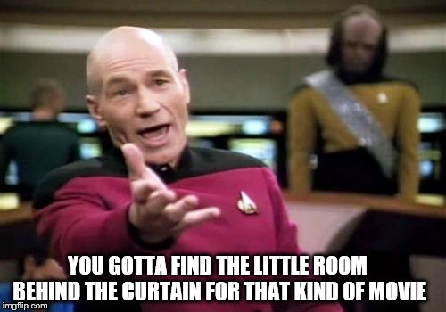 Picard Wtf Meme | YOU GOTTA FIND THE LITTLE ROOM BEHIND THE CURTAIN FOR THAT KIND OF MOVIE | image tagged in memes,picard wtf | made w/ Imgflip meme maker