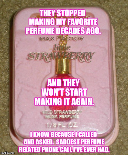 Can You Feel the Strawberry Musk Pain? | THEY STOPPED MAKING MY FAVORITE PERFUME DECADES AGO. AND THEY WON'T START MAKING IT AGAIN. I KNOW BECAUSE I CALLED AND ASKED.  SADDEST PERFUME RELATED PHONE CALL I'VE EVER HAD. | image tagged in strawberry,memes,meme,1970's,70's,sad but true | made w/ Imgflip meme maker
