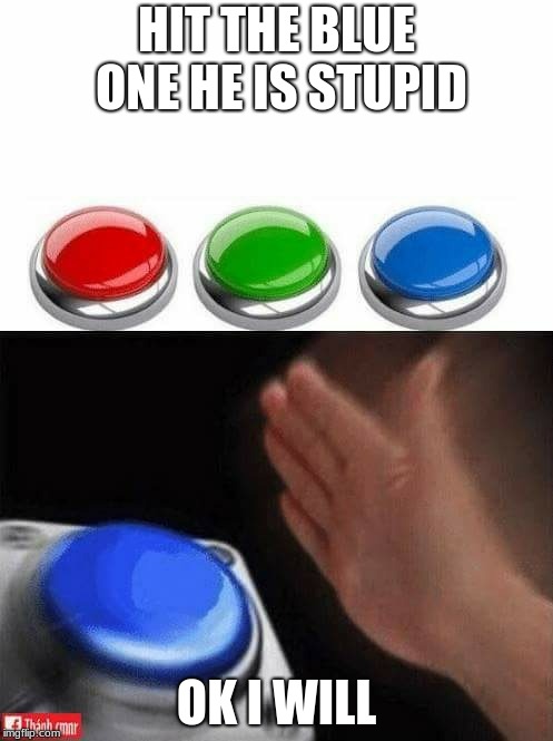 Three Buttons | HIT THE BLUE ONE HE IS STUPID; OK I WILL | image tagged in three buttons | made w/ Imgflip meme maker