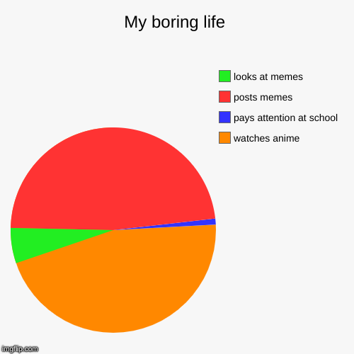 My boring life | watches anime, pays attention at school, posts memes, looks at memes | image tagged in funny,pie charts | made w/ Imgflip chart maker