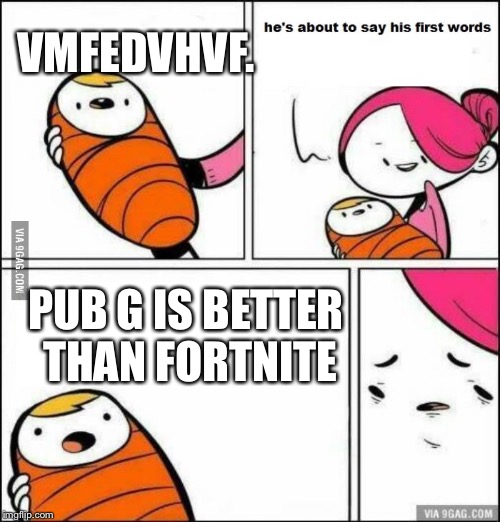 Lies | VMFEDVHVF. PUB G IS BETTER THAN FORTNITE | image tagged in he is about to say his first words,fortnite meme | made w/ Imgflip meme maker