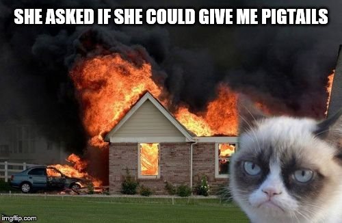 Burn Kitty Meme | SHE ASKED IF SHE COULD GIVE ME PIGTAILS | image tagged in memes,burn kitty,grumpy cat | made w/ Imgflip meme maker