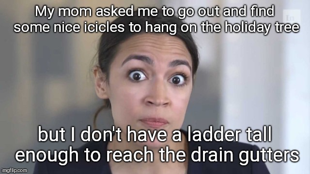 Crazy Alexandria Ocasio-Cortez | My mom asked me to go out and find some nice icicles to hang on the holiday tree; but I don't have a ladder tall enough to reach the drain gutters | image tagged in crazy alexandria ocasio-cortez,duh | made w/ Imgflip meme maker
