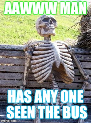 Waiting Skeleton Meme | AAWWW MAN; HAS ANY ONE SEEN THE BUS | image tagged in memes,waiting skeleton | made w/ Imgflip meme maker