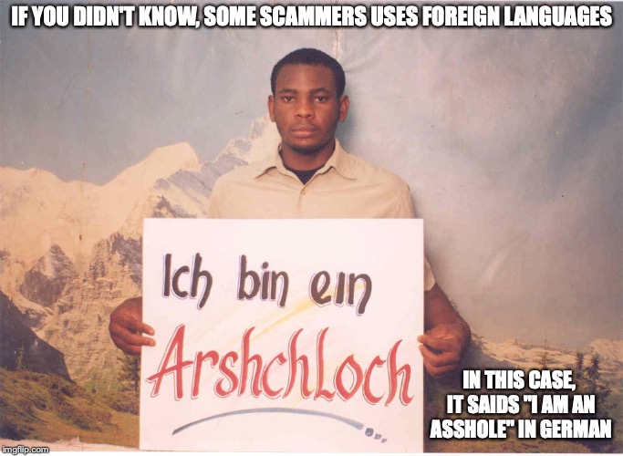 419 Scammer Zion Peace  | IF YOU DIDN'T KNOW, SOME SCAMMERS USES FOREIGN LANGUAGES; IN THIS CASE, IT SAIDS "I AM AN ASSHOLE" IN GERMAN | image tagged in memes,scam,419,funny | made w/ Imgflip meme maker