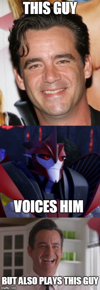 How does this work? | THIS GUY; VOICES HIM; BUT ALSO PLAYS THIS GUY | image tagged in transformers | made w/ Imgflip meme maker