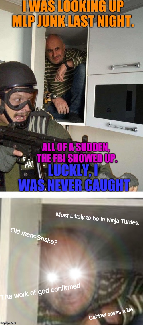 Not a problem when you got a Cabinet Around | I WAS LOOKING UP MLP JUNK LAST NIGHT. LUCKLY, I WAS NEVER CAUGHT; ALL OF A SUDDEN, THE FBI SHOWED UP. Most Likely to be in Ninja Turtles. Old man=Snake? The work of god confirmed; Cabinet saves a life | image tagged in cabinet,funny shit | made w/ Imgflip meme maker