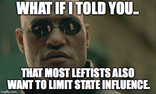 Matrix Morpheus Meme | WHAT IF I TOLD YOU.. THAT MOST LEFTISTS ALSO WANT TO LIMIT STATE INFLUENCE. | image tagged in memes,matrix morpheus | made w/ Imgflip meme maker