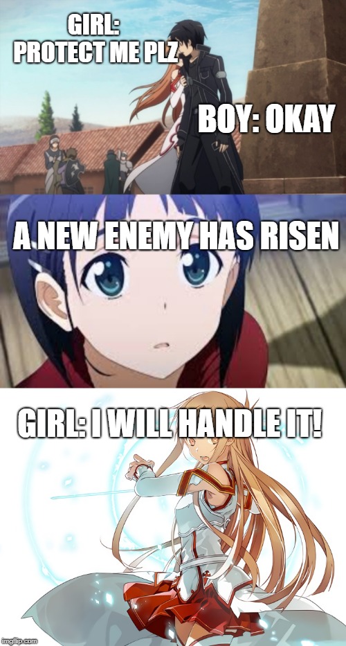 New enemies | GIRL: PROTECT ME PLZ; BOY: OKAY; A NEW ENEMY HAS RISEN; GIRL: I WILL HANDLE IT! | image tagged in sao,anime,enemies,romance | made w/ Imgflip meme maker
