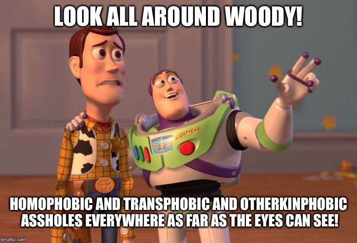 There is NOTHING wrong with being LGTBQ+ or otherkin!! | LOOK ALL AROUND WOODY! HOMOPHOBIC AND TRANSPHOBIC AND OTHERKINPHOBIC ASSHOLES EVERYWHERE AS FAR AS THE EYES CAN SEE! | image tagged in memes,x x everywhere | made w/ Imgflip meme maker