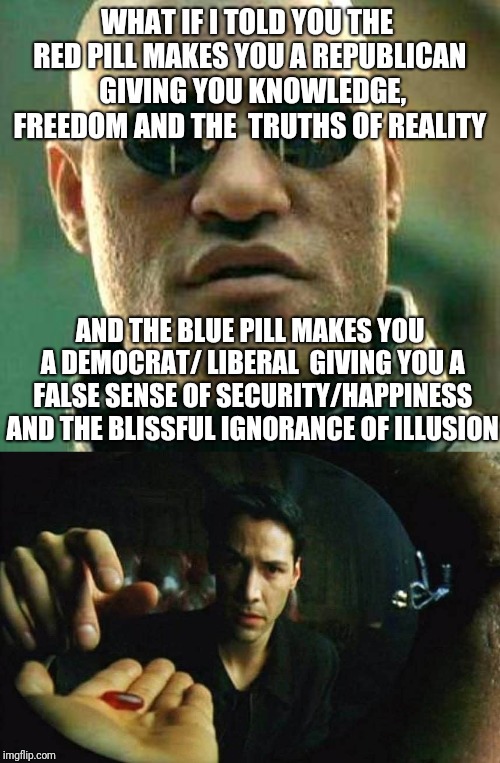 WHAT IF I TOLD YOU THE RED PILL MAKES YOU A REPUBLICAN 
GIVING YOU KNOWLEDGE, FREEDOM AND THE  TRUTHS OF REALITY; AND THE BLUE PILL MAKES YOU A DEMOCRAT/ LIBERAL 
GIVING YOU A FALSE SENSE OF SECURITY/HAPPINESS AND THE BLISSFUL IGNORANCE OF ILLUSION | image tagged in what if i told you | made w/ Imgflip meme maker