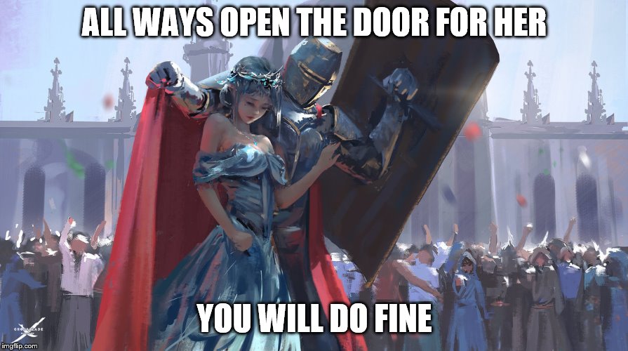 Knight Protecting Princess | ALL WAYS OPEN THE DOOR FOR HER YOU WILL DO FINE | image tagged in knight protecting princess | made w/ Imgflip meme maker