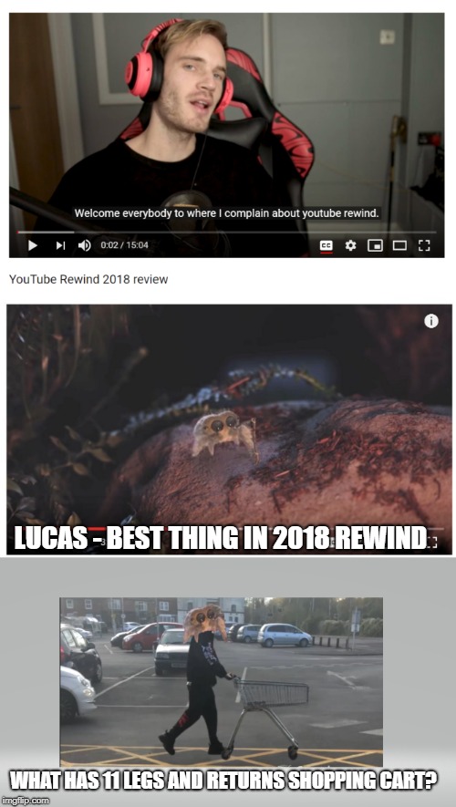 LUCAS - BEST THING IN 2018 REWIND; WHAT HAS 11 LEGS AND RETURNS SHOPPING CART? | image tagged in pewdiepie,youtube 2018 rewind,youtube,memes | made w/ Imgflip meme maker