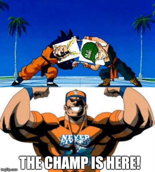 Name this fusion! | THE CHAMP IS HERE! | image tagged in dbz fusion,my hero academia,john cena,all might,boku no hero academia,wwe | made w/ Imgflip meme maker