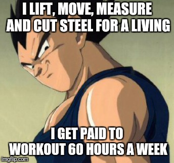 Vegeta  | I LIFT, MOVE, MEASURE AND CUT STEEL FOR A LIVING; I GET PAID TO WORKOUT 60 HOURS A WEEK | image tagged in vegeta | made w/ Imgflip meme maker