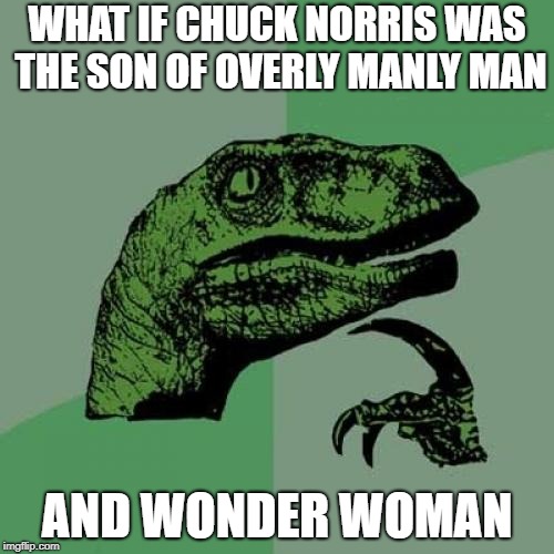 Philosoraptor Meme | WHAT IF CHUCK NORRIS WAS THE SON OF OVERLY MANLY MAN; AND WONDER WOMAN | image tagged in memes,philosoraptor | made w/ Imgflip meme maker