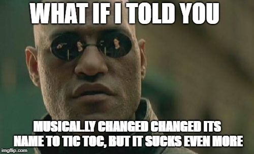 Matrix Morpheus Meme | WHAT IF I TOLD YOU; MUSICAL.LY CHANGED CHANGED ITS NAME TO TIC TOC, BUT IT SUCKS EVEN MORE | image tagged in memes,matrix morpheus | made w/ Imgflip meme maker
