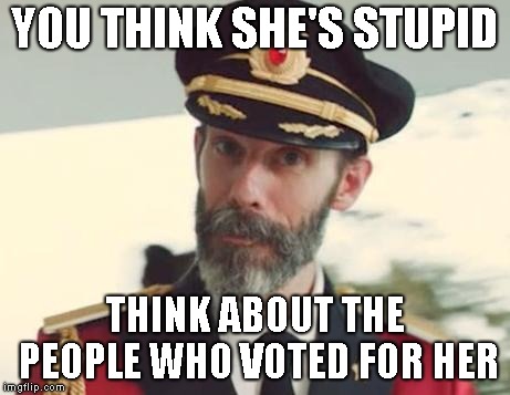 Captain Obvious | YOU THINK SHE'S STUPID THINK ABOUT THE PEOPLE WHO VOTED FOR HER | image tagged in captain obvious | made w/ Imgflip meme maker