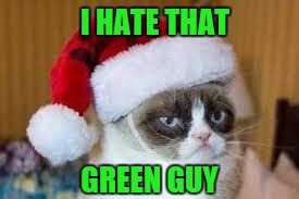 Grumpy cat christmas | I HATE THAT GREEN GUY | image tagged in grumpy cat christmas | made w/ Imgflip meme maker