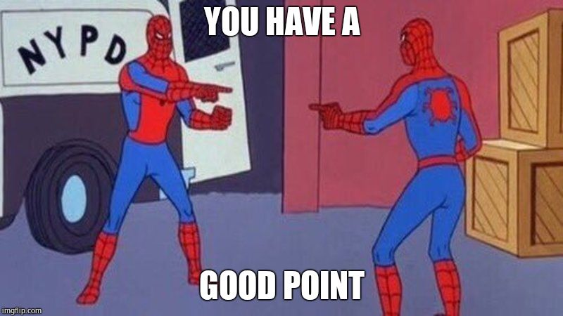 spiderman pointing at spiderman | YOU HAVE A GOOD POINT | image tagged in spiderman pointing at spiderman | made w/ Imgflip meme maker