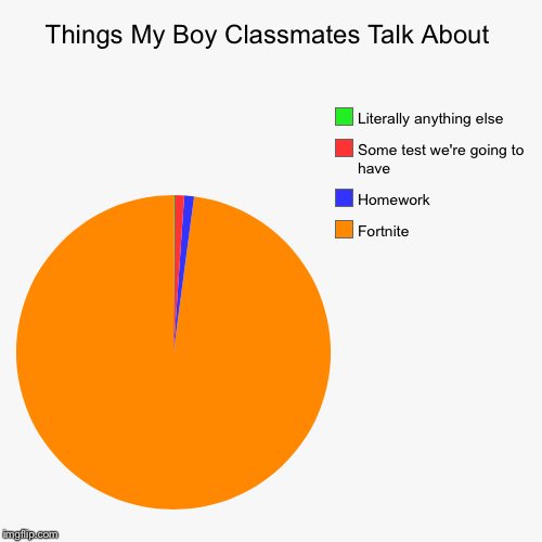 I actually asked them once if they played any other video games. "Roblox. Overwatch. Minecraft sometimes." | Things My Boy Classmates Talk About | Fortnite, Homework, Some test we're going to have, Literally anything else | image tagged in funny,pie charts,fortnite | made w/ Imgflip chart maker