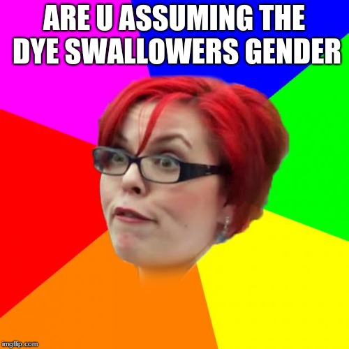 angry feminist | ARE U ASSUMING THE DYE SWALLOWERS GENDER | image tagged in angry feminist | made w/ Imgflip meme maker