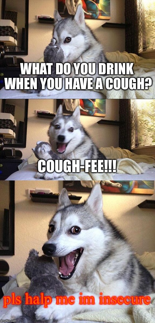 REALLY bad pun dog | WHAT DO YOU DRINK WHEN YOU HAVE A COUGH? COUGH-FEE!!! pls halp me im insecure | image tagged in memes,bad pun dog | made w/ Imgflip meme maker