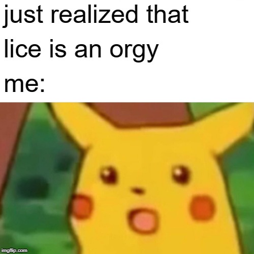Surprised Pikachu Meme | just realized that; lice is an orgy; me: | image tagged in memes,surprised pikachu | made w/ Imgflip meme maker