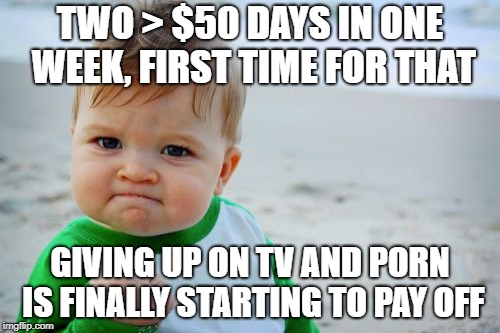 Success Kid Original Meme | TWO > $50 DAYS IN ONE WEEK, FIRST TIME FOR THAT; GIVING UP ON TV AND PORN IS FINALLY STARTING TO PAY OFF | image tagged in memes,success kid original | made w/ Imgflip meme maker