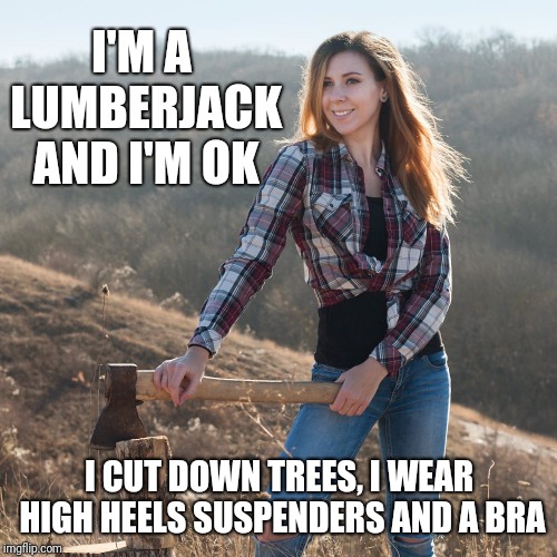 Paulina Bunyon | I'M A LUMBERJACK AND I'M OK I CUT DOWN TREES, I WEAR HIGH HEELS
SUSPENDERS AND A BRA | image tagged in monty python,lumberjack | made w/ Imgflip meme maker