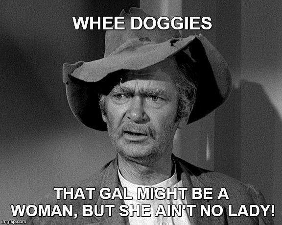 Jed Clampett | WHEE DOGGIES THAT GAL MIGHT BE A WOMAN, BUT SHE AIN'T NO LADY! | image tagged in jed clampett | made w/ Imgflip meme maker