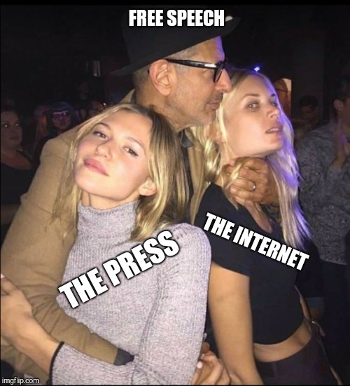 Jeff Goldblum Choking Girl | FREE SPEECH; THE INTERNET; THE PRESS | image tagged in jeff goldblum choking girl | made w/ Imgflip meme maker