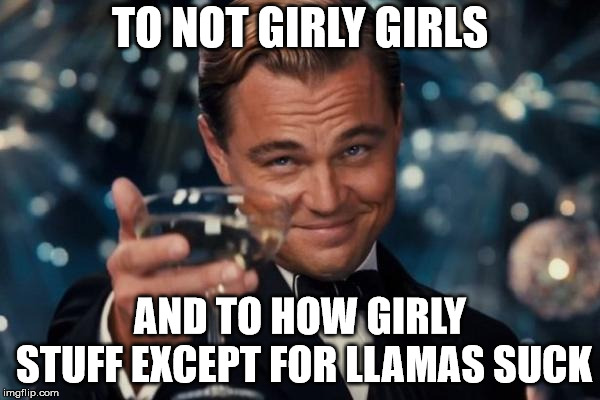 Leonardo Dicaprio Cheers Meme | TO NOT GIRLY GIRLS; AND TO HOW GIRLY STUFF EXCEPT FOR LLAMAS SUCK | image tagged in memes,leonardo dicaprio cheers | made w/ Imgflip meme maker