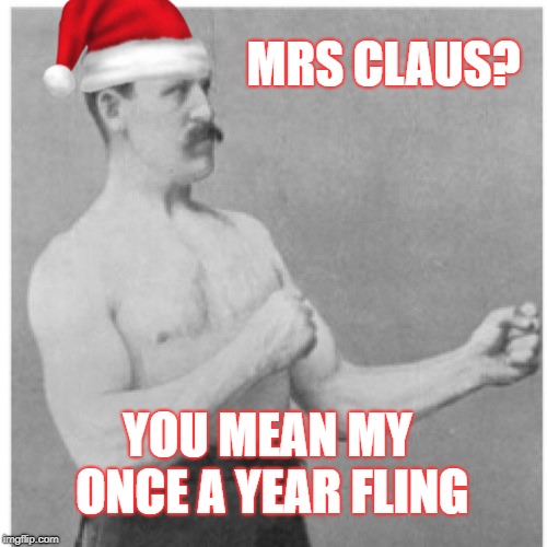 While Santa's away... | MRS CLAUS? YOU MEAN MY ONCE A YEAR FLING | image tagged in memes,overly manly man,merry christmas,santa claus | made w/ Imgflip meme maker