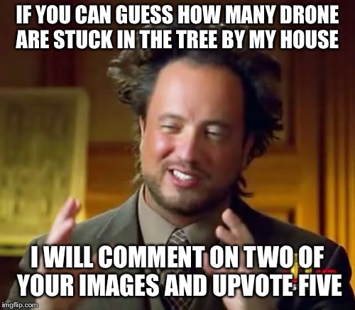 Ancient Aliens Meme | IF YOU CAN GUESS HOW MANY DRONE ARE STUCK IN THE TREE BY MY HOUSE; I WILL COMMENT ON TWO OF YOUR IMAGES AND UPVOTE FIVE | image tagged in memes,ancient aliens | made w/ Imgflip meme maker