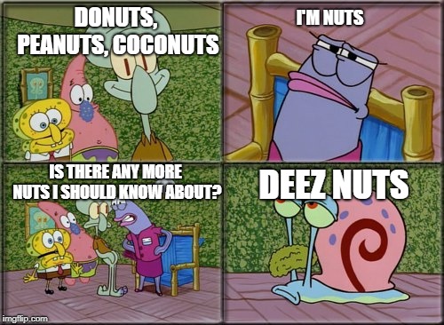 he's squidward | DONUTS, PEANUTS, COCONUTS; I'M NUTS; IS THERE ANY MORE NUTS I SHOULD KNOW ABOUT? DEEZ NUTS | image tagged in he's squidward | made w/ Imgflip meme maker