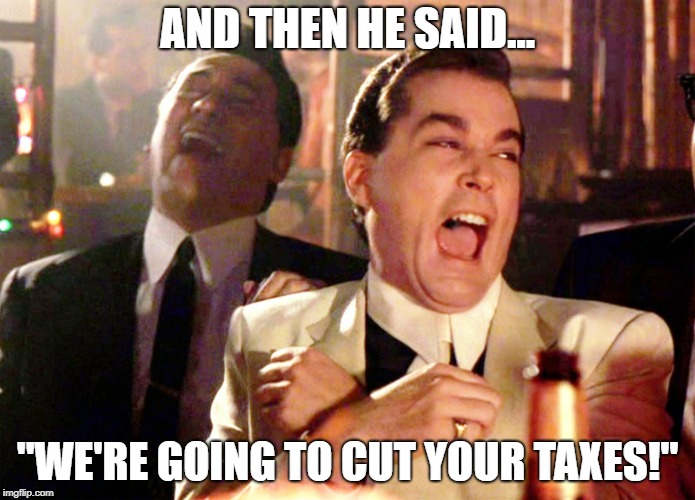 Good Fellas Hilarious | AND THEN HE SAID... "WE'RE GOING TO CUT YOUR TAXES!" | image tagged in memes,good fellas hilarious | made w/ Imgflip meme maker