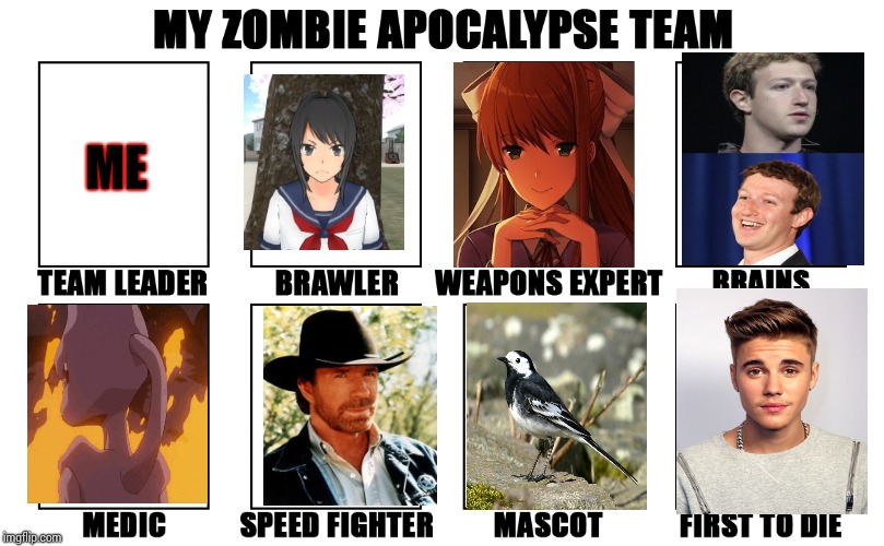 But that's just me. And obviously J.B will die first anyway. (And no. I'm not lesbian. It's just mine. Jeez) | ME | image tagged in my zombie apocalypse team v2 memes | made w/ Imgflip meme maker