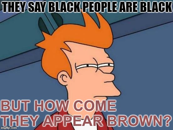 Futurama Fry | THEY SAY BLACK PEOPLE ARE BLACK; BUT HOW COME THEY APPEAR BROWN? | image tagged in memes,futurama fry | made w/ Imgflip meme maker