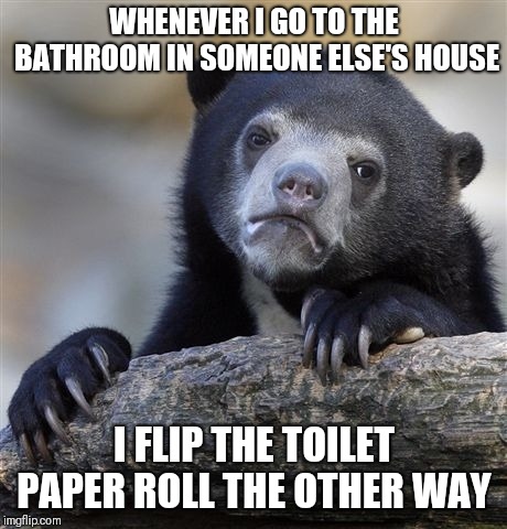 Confession Bear Meme | WHENEVER I GO TO THE BATHROOM IN SOMEONE ELSE'S HOUSE; I FLIP THE TOILET PAPER ROLL THE OTHER WAY | image tagged in memes,confession bear | made w/ Imgflip meme maker