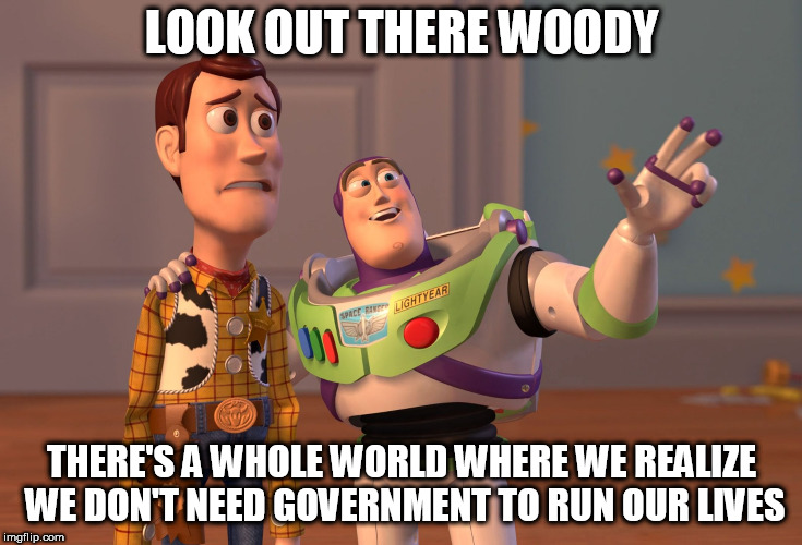 X, X Everywhere | LOOK OUT THERE WOODY; THERE'S A WHOLE WORLD WHERE WE REALIZE WE DON'T NEED GOVERNMENT TO RUN OUR LIVES | image tagged in memes,x x everywhere,government,politics,lives,life | made w/ Imgflip meme maker