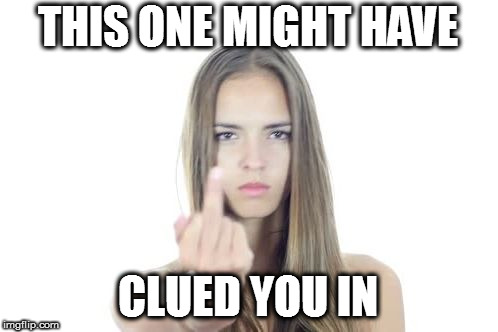 Woman middle finger | THIS ONE MIGHT HAVE CLUED YOU IN | image tagged in woman middle finger | made w/ Imgflip meme maker