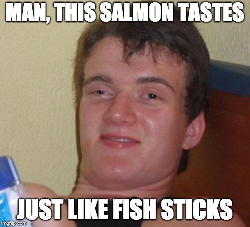 10 Guy | MAN, THIS SALMON TASTES; JUST LIKE FISH STICKS | image tagged in memes,10 guy | made w/ Imgflip meme maker