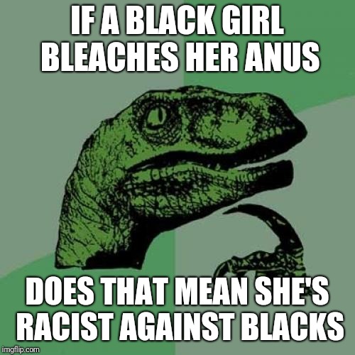 Philosoraptor Meme | IF A BLACK GIRL BLEACHES HER ANUS; DOES THAT MEAN SHE'S RACIST AGAINST BLACKS | image tagged in memes,philosoraptor | made w/ Imgflip meme maker