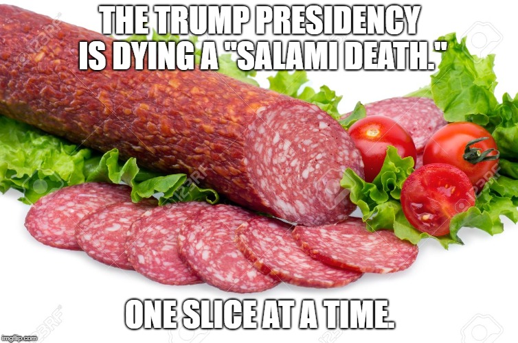 Trump's Salami Death | THE TRUMP PRESIDENCY IS DYING A "SALAMI DEATH."; ONE SLICE AT A TIME. | image tagged in political meme | made w/ Imgflip meme maker